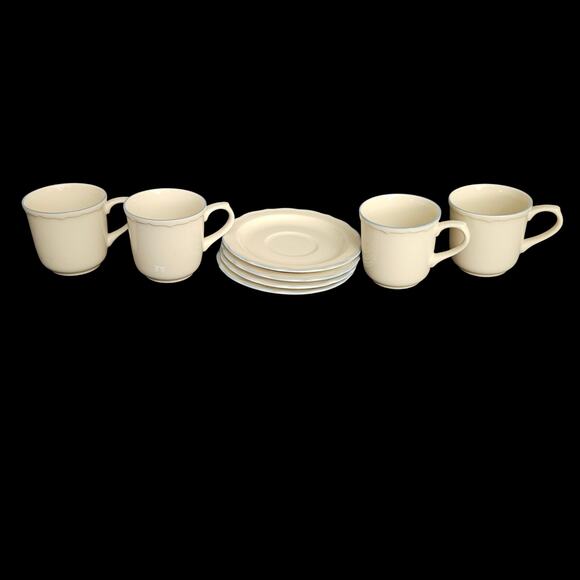 Hallmark Auntie Em Cups & Saucers Set 4 Mugs 4 Plates Blue Trim Japan Stoneware - Picture 8 of 8